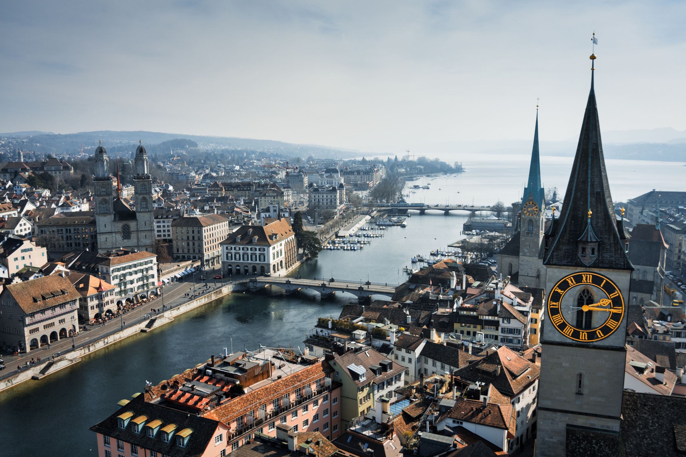 View over Zurich’s old town and the Limmat towards Lake Zurich